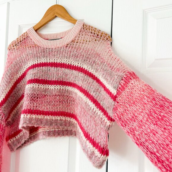 Kimchi Blue Pink Striped Open Knit Cropped Sweater XS Oversized Sheer Pullover - Picture 4 of 8